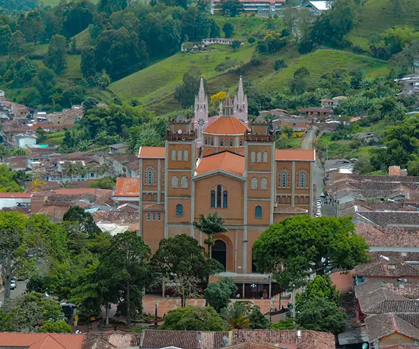 Jericó aerial view with Catedral Nuestra Señora de las Mercedes & Santuario de Santa Laura, Colombia