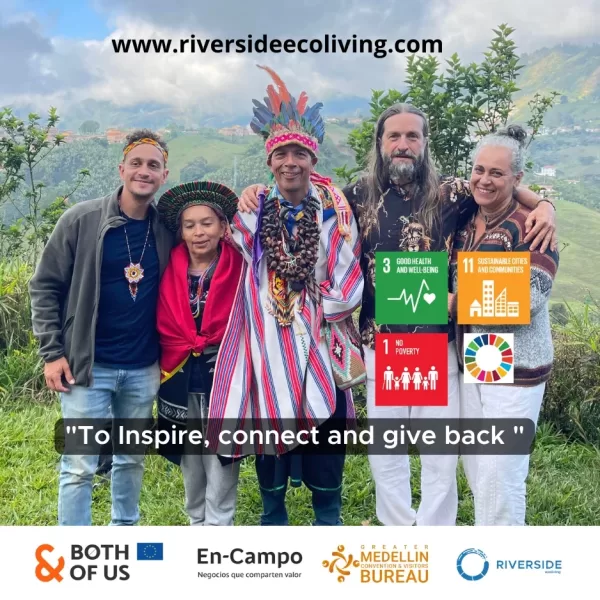 Both of Us program participants gathered in a natural setting in Colombia, reflecting sustainability, well-being, and intercultural collaboration.